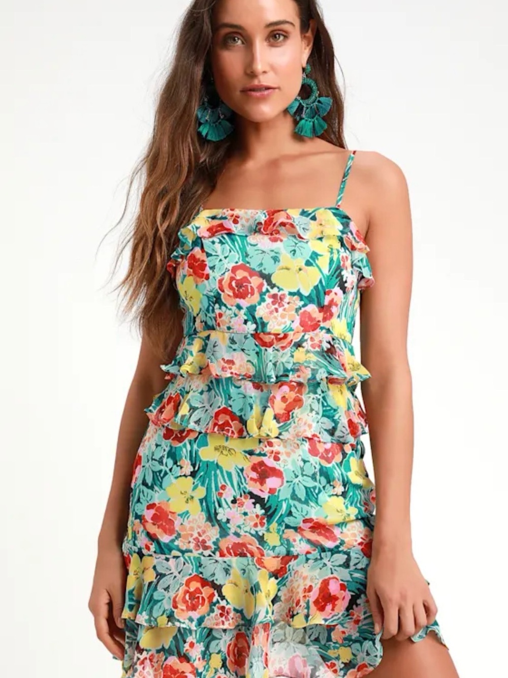 Lulu's Teal Floral Ruffle Tiered Mini Dress